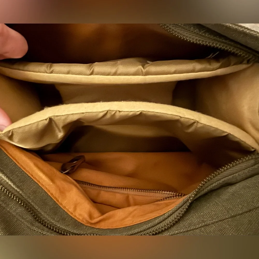 Military Green Canvas Crossbody Bag with Brown Leather Straps - Picture 10 of 11